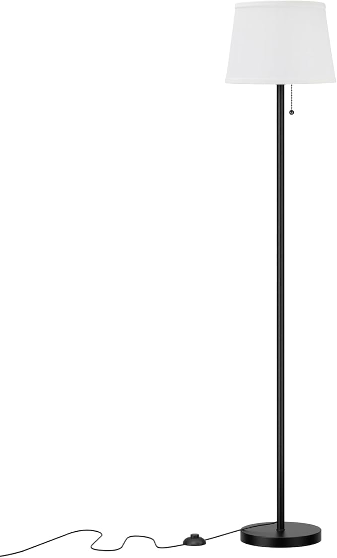 Modern Floor Lamp with Adjustable Brightness, Remote Control, Black, LED Bulbs, White Shade, Foot Switch, Easy Assembly