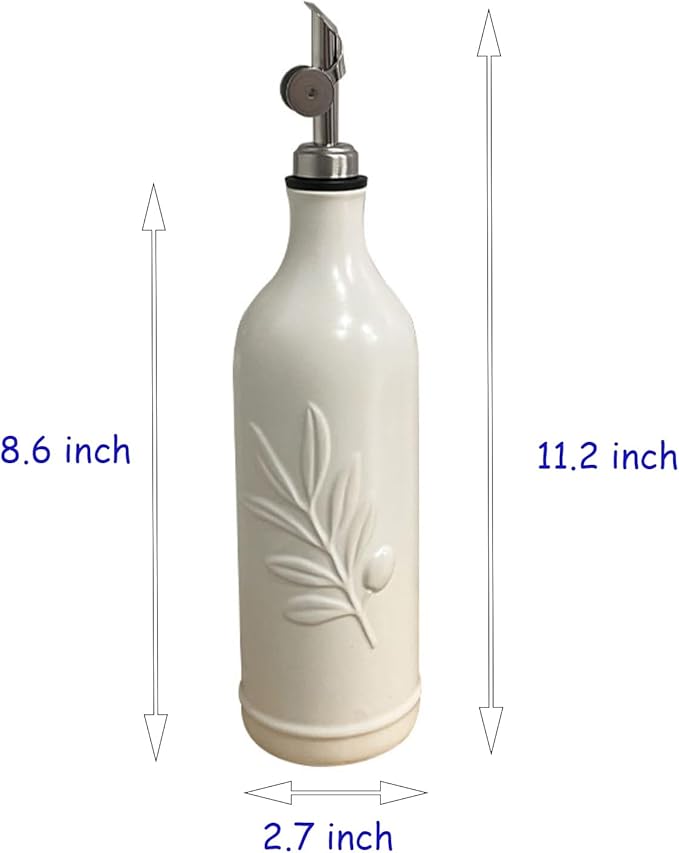 20 Oz Ceramic Olive Oil Dispenser Bottle, with Stainless Steel Spout & Funnel, Ideal for Oil, Vinegar, Coffee Syrup & Liquids (White)