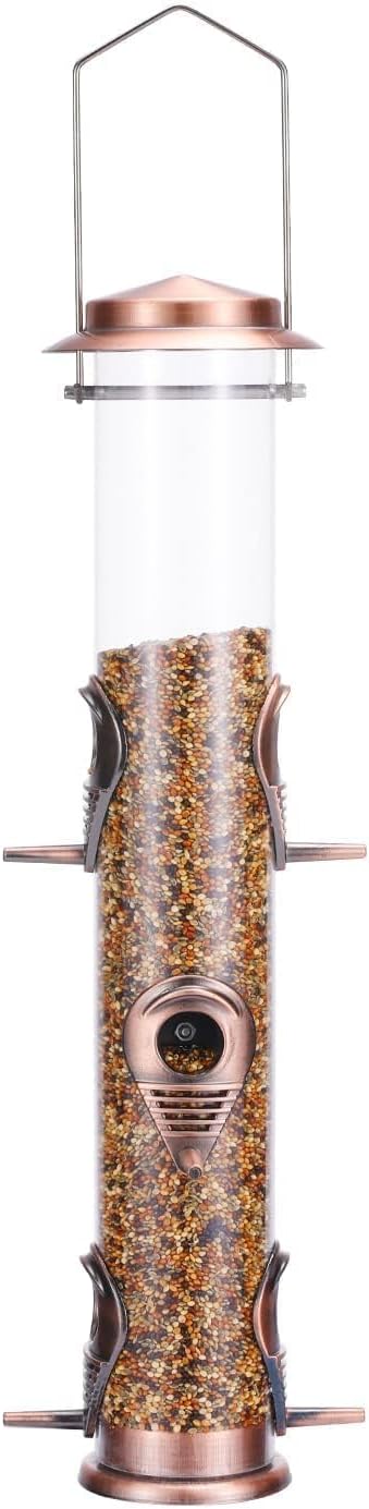 MIXXIDEA Metal Tube Bird Feeders for Outdoors - 6 Ports Hanging Feeder Attracts Wild Birds in Your Lawn, Garden, Balcony - Antique Copper - 1 Pack