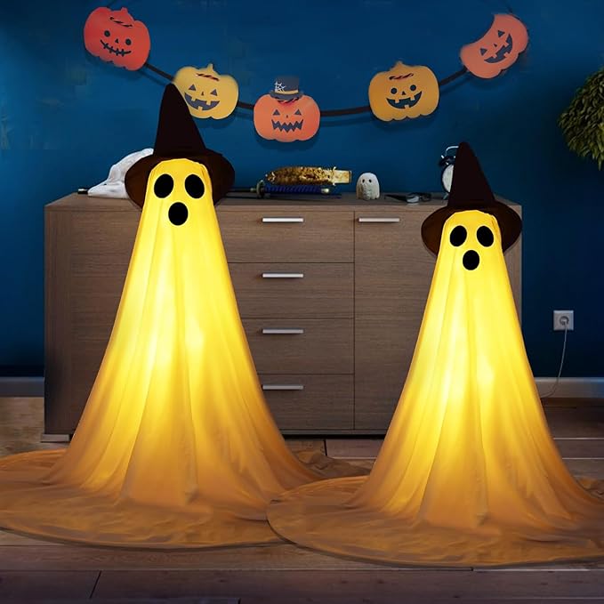 2 Packs Halloween Ghost Outdoor Decorations, 59β Light Up Ghost Decor with Remote Control, Adjustable Height Standing Halloween Lighted Ghost Kit with Witch Hat Ideal for Porch, Garden, Yard