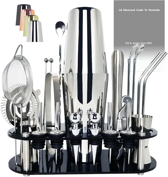 22-Piece Cocktail Shaker Set, 25/20oz Bartender Kit, Bartending Stainless Steel Bar Tools Sets for Drink Mixing, Boston Cocktail Shakers with Stand Recipes Booklet (Siver 25-20oz)