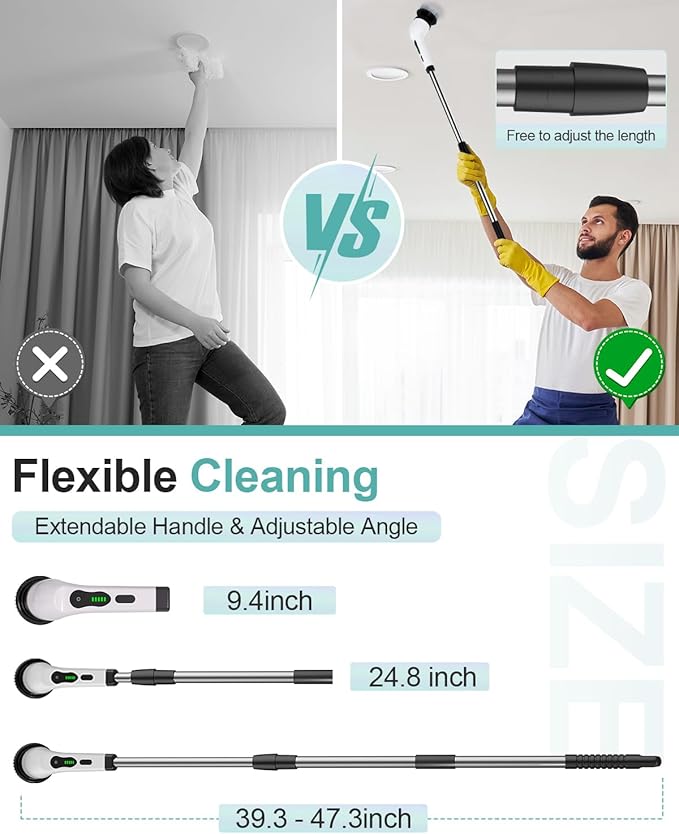 Electric Spin Scrubber, Cordless Shower Scrubber Rotary Floor Brushes & Pad Drivers with 9 Brush Heads - 2H Dual Speed, IPX7 Waterproof Extension Handle for Bathroom Tile Car Cleaning, Whtie-Q