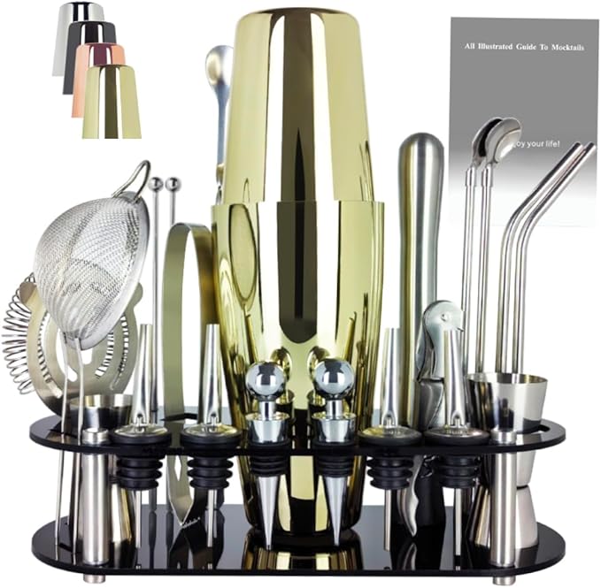 22-Piece Cocktail Shaker Set, 25/20oz Bartender Kit, Bartending Stainless Steel Bar Tools Sets for Drink Mixing, Boston Cocktail Shakers with Stand Recipes Booklet (Rose Copper-25-20oz)