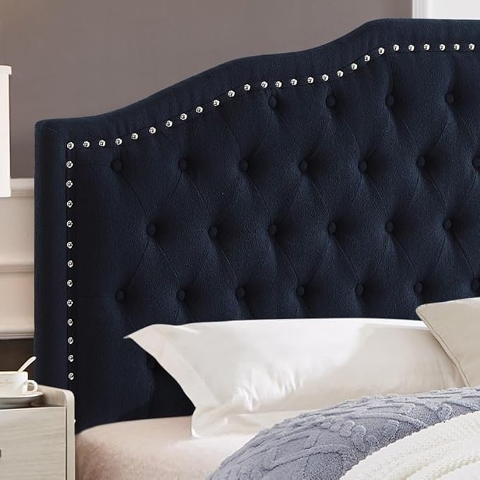 24KF Upholstered Button Tufted Queen Headboard with Nailhead Trim, Elegant Boucle Fabric Full headboard, 6031-Q-Boucle-Navy