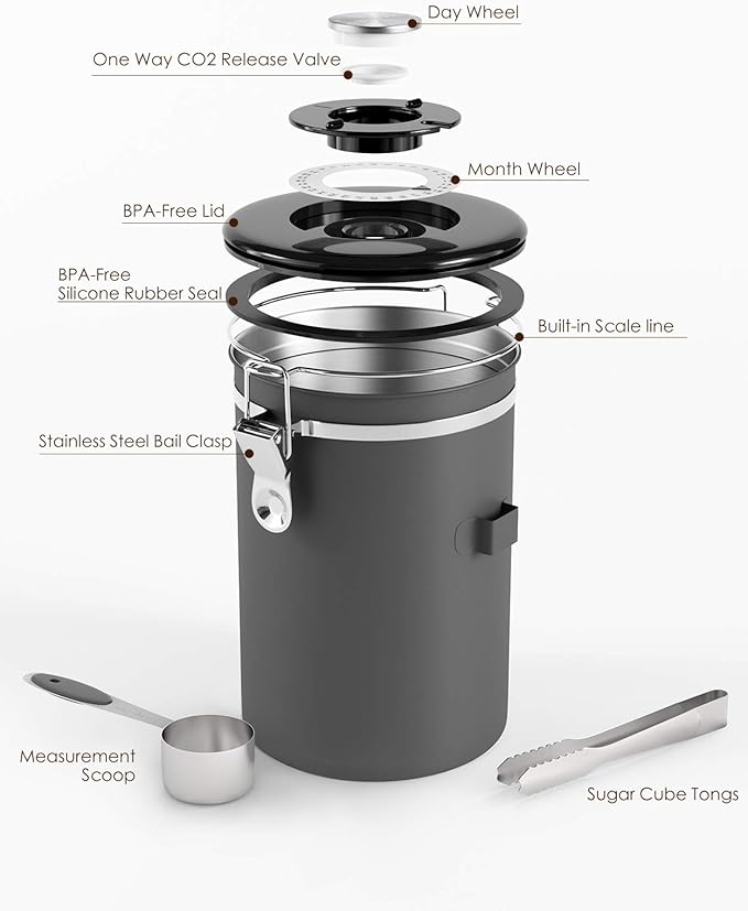 HAIOOU Airtight Coffee Canister, 16OZ Small Stainless Steel Coffee Bean Storage Container with Date Tracker, Measuring Scoop, CO2 Releasing Valves and Mini Tongs for Beans, Grounds and more - Gray