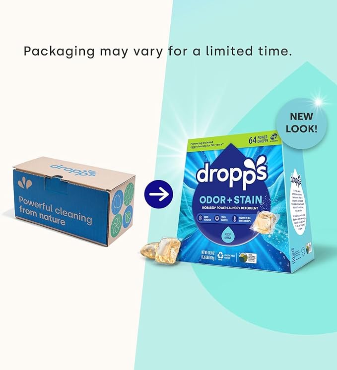 Dropps Odor & Stain Biobased Power Laundry Detergent Pods, Crisp Breeze (32 Pods) - HE Compatible Laundry Pods for Fresh Clothes - Laundry Soap Supplies & Recyclable Paperboard Packaging