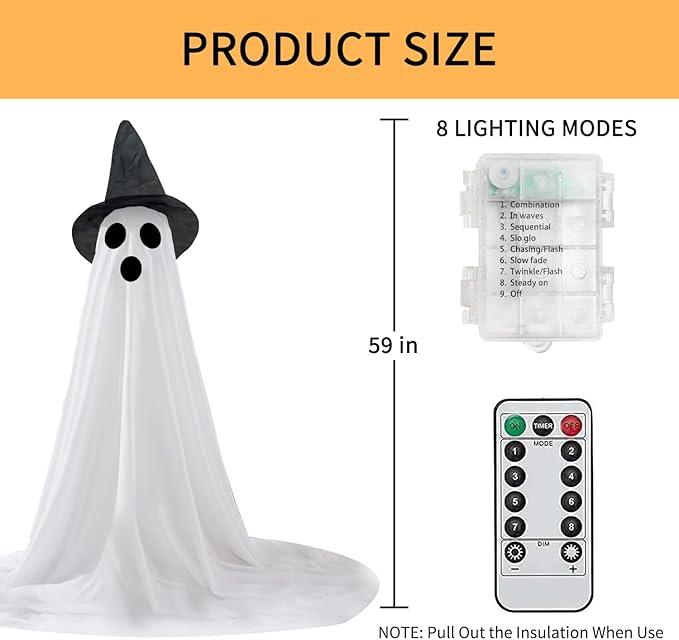 2 Packs Halloween Ghost Outdoor Decorations, 59β Light Up Ghost Decor with Remote Control, Adjustable Height Standing Halloween Lighted Ghost Kit with Witch Hat Ideal for Porch, Garden, Yard