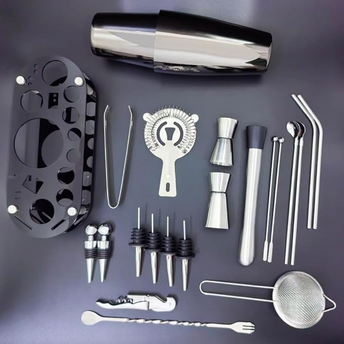 22-Piece Cocktail Shaker Set, 25/20oz Bartender Kit, Bartending Stainless Steel Bar Tools Sets for Drink Mixing, Boston Cocktail Shakers with Stand Recipes Booklet (Black-25-20oz)