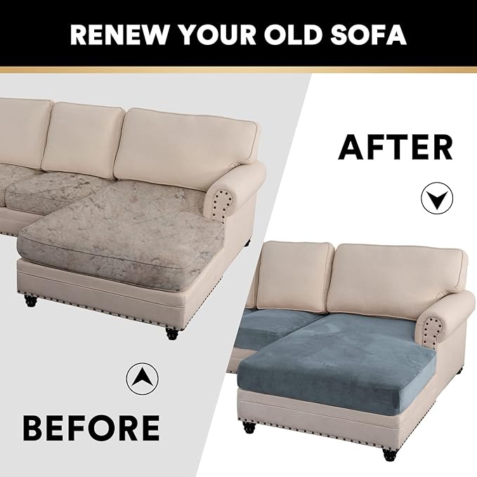 PrinceDeco 4-Piece Sectional Couch Cover Set - Thick Chaise & Couch Cushion Covers with Elastic Band for L-Shape Sofa, 3 Seater + 1 Chaise, Stone Blue