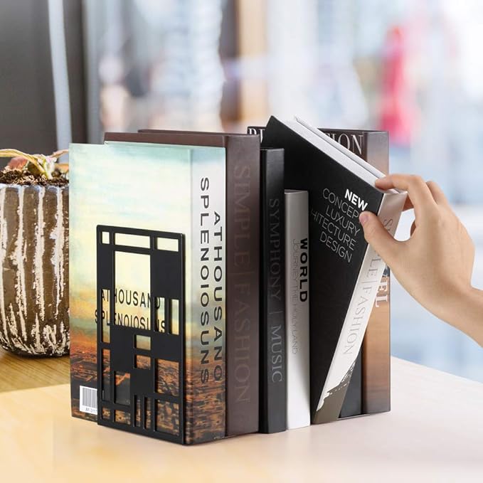 Book Ends, Bookends, Book Ends for Shelves, Bookends for Heavy Books, Book Divider Decorative Holder, Metal Heavy Duty Bookend Black 3 Pair, Abstract Art Desgin Book Stopper Supports for Office, Home