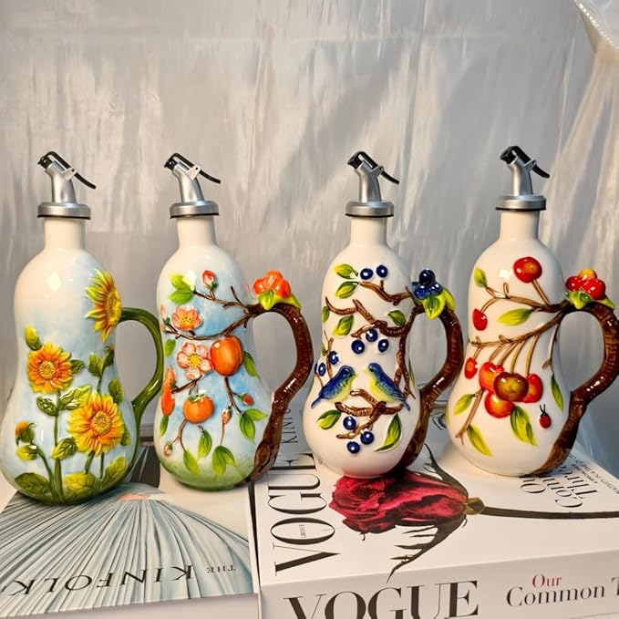 18.26oz/540ml Ceramics Olive Oil Dispenser Bottle,Hand Painted Reliefs Oil Dispenser for Kitchen,Oil Bottles for Kitchen (Persimmon)