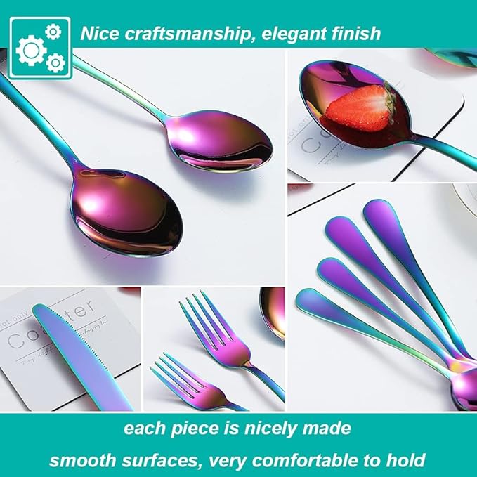 20 Pcs Rainbow Silverware Set for 4, Food Grade Stainless Steel Flatware Set, Eating Utensils Sets Include Fork/Knife/Spoon,Home Kitchen Tableware Set, Reusable Cutlery Set, Dishwasher Safe