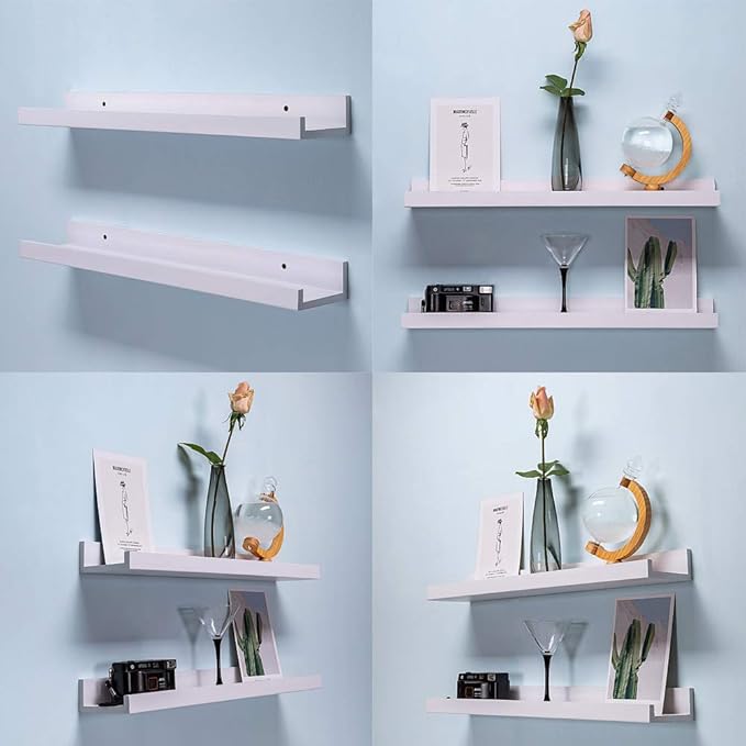 AZSKY White Floating Shelves Wall Mounted Set of 2, 24 Inch Picture Ledge Shelf for Storage Bedroom Bathroom Kitchen Living Room Office Modern Rustic Style Display Shelves (Solid Pine Wood)