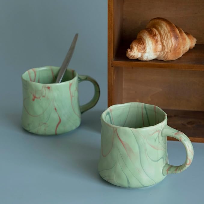 Abstract Art Ceramic Coffee Mugs Set - 2 Pack, Mint Green with Red and White Accents, Handcrafted Design for Modern Kitchen or Office