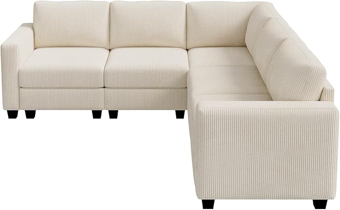 HONBAY Corduroy Modular Sectional Sofa with 5 Seaters, Sectional Corner Sofa with Chaise, L Shape Couches for Living Room, Beige
