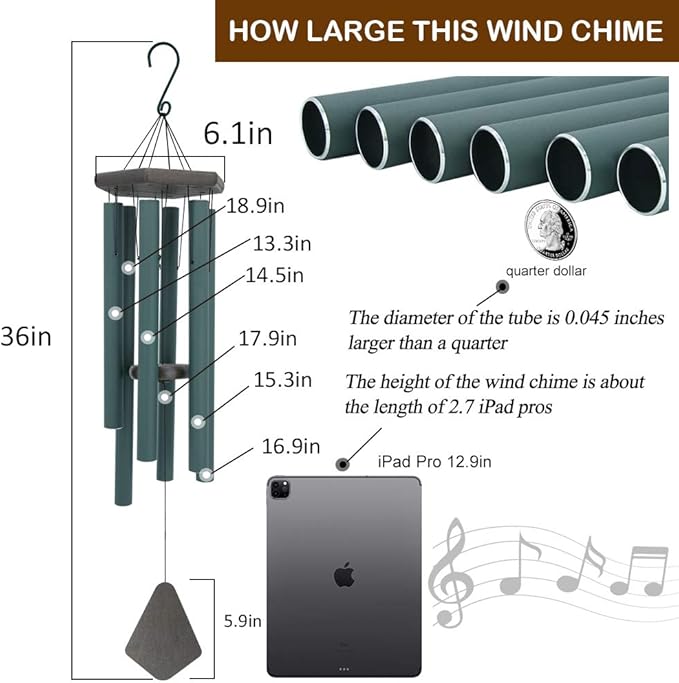 Sympathy Wind Chimes Outdoor Deep Tone,36Inch Melody Wind Chimes Large with 6 Heavy Tubes Tuned Bass Tone,Memorial Windchimes Personalized for Mother Father,Garden Decor Chime,Forest Green