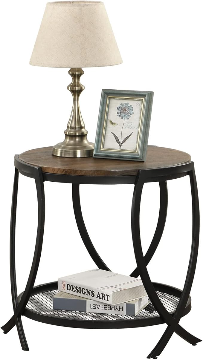 ASYA Industrial Round End Table with Storage Shelf, 2-Tier Side Table for Living Room, Adjustable Feet & lmitation Wood Grain Surface, Rustic Brown