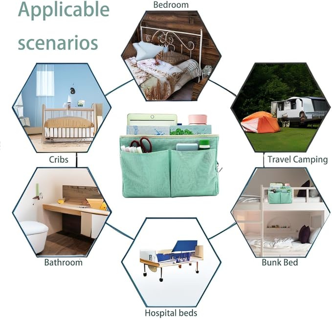 2-Pack Bedside Caddy Bedside Hanging Storage Basket Multi-Function Organizer Caddy for Bunk and Hospital Beds Dorm Rooms Bed Rails, Can be Placed Glasses Books Mobile Phones(2pcs Green)