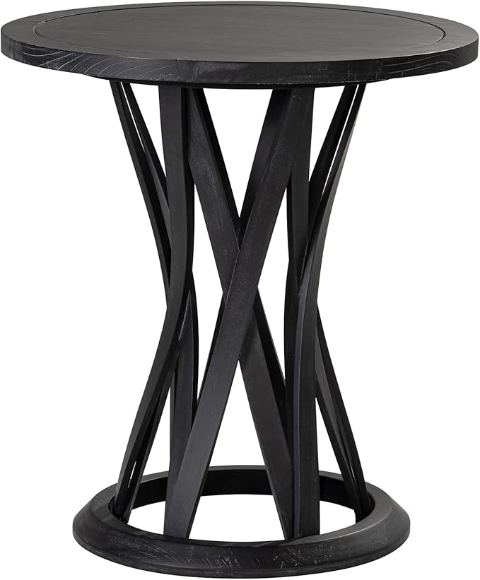 Round Farmhouse End Table with Crisscross Pedestal Base, Distressed Finish Side Table Rustic Accent Table for Living Room, Pine Wood, Black