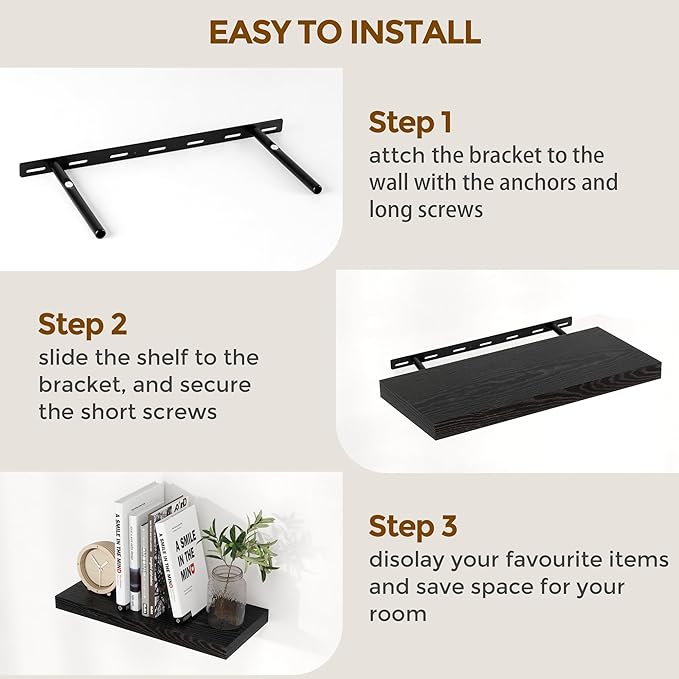Fun Memories Black Floating Shelves 32 Inch Long, 9 Inch Deep Floating Bookshelf Wall Mounted, Farmhouse Wood Shelves White for Bathroom, Living Room, Bedroom, Home Decor Deep Shelf for Wall Set of 2