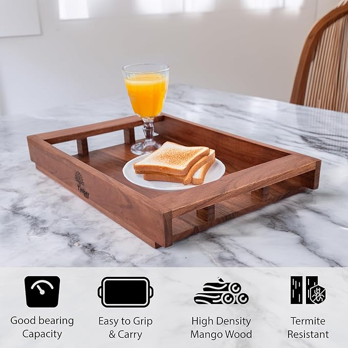 Acacia Wood Serving Tray with Handles – 15x10x2 Inch Decorative Tray for Breakfast in Bed, Dinner, Appetizers, Coffee Table, BBQ, Patio & Party – Perfect for Lap & Couch Use