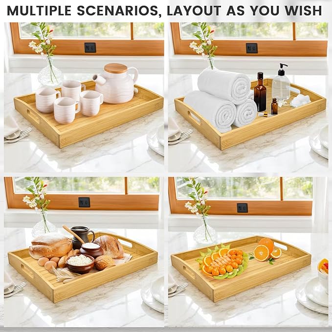 Bamboo Serving Tray with Handles Set of 2 - Decorative Wooden Trays for Eating, Working, and Storing, Suitable for Use in Bedroom, Living Room, Kitchen, Bathroom, Outdoor Scenarios and More