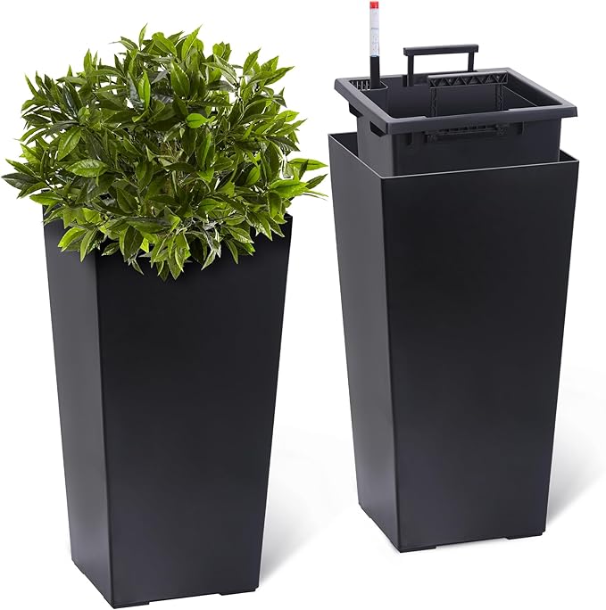 22.5" Tall Planters Set of 2, Outdoor&Indoor Black Planter Pots, High Front Porch Planter Pots with Drainage Holes&Water Level Monitor&Inner Bucket, Automatic Watering, Black
