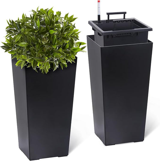 22.5" Tall Planters Set of 2, Outdoor&Indoor Black Planter Pots, High Front Porch Planter Pots with Drainage Holes&Water Level Monitor&Inner Bucket, Automatic Watering, Black