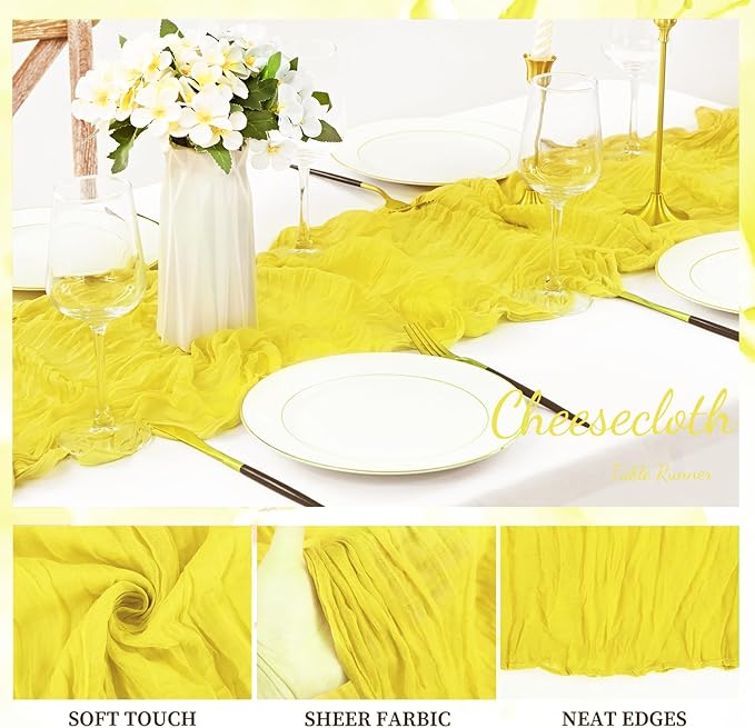 20 Pack Yellow Cheesecloth Table Runner 20 x 120 Inch Long Rustic Gauze Cheese Cloth Table Runner for Wedding 10FT Bridal Baby Shower Table Decorations Boho Fabric Sheer Birthday Party Table Decor