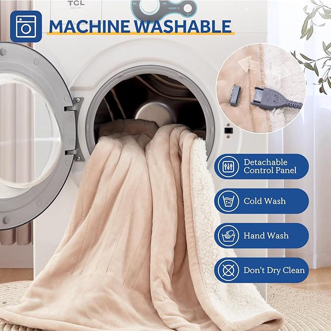 Sealy Electric Blanket King 100"*90",Super Cozy Flannel to Sherpa Reversible Heated Blanket King Size with 10 Heating Levels & 1-12 Hours Auto Off Overheating Protection Machine Washable,Beige