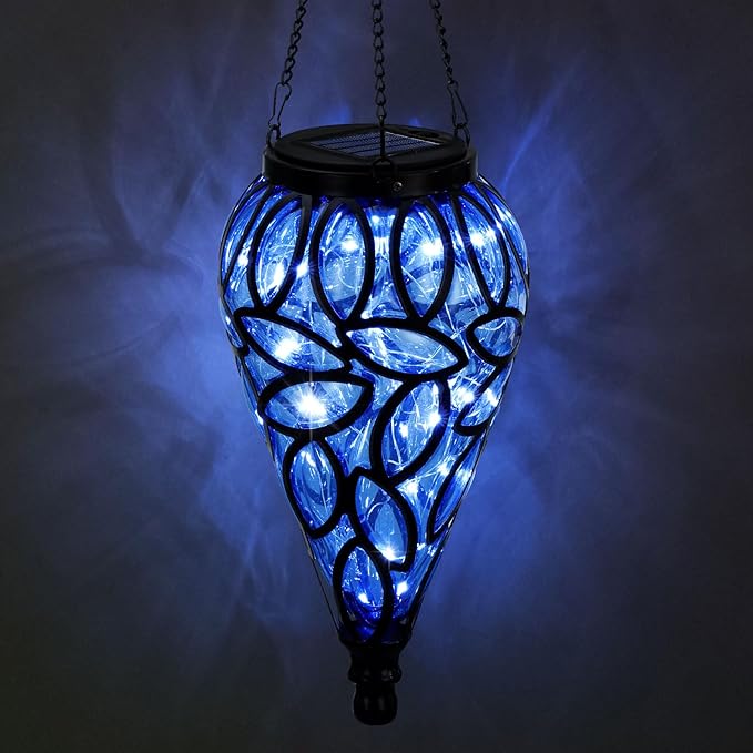SUNNYPARK Outdoor Plastic Solar Hanging Lantern, 15 Cool White LEDs Twinkle Effect Tear-Shaped Hanging Lantern Decor Garden Decorative Solar Lights for Backyard, Patio and Lawn