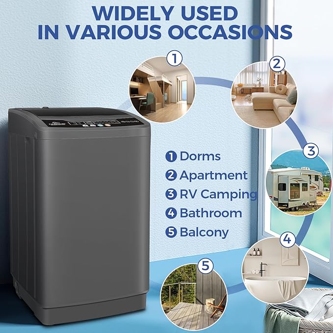 Nictemaw Portable Washing Machine, 20Lbs Capacity Full-Automatic Portable Washer Machine, 2.8Cu.ft Compact Laundry Machine with Drain Pump, 10 Programs & 8 Water Levels for Apartment Dorm RV