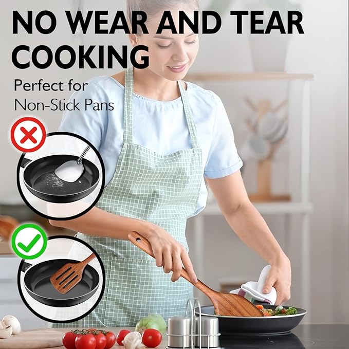 Wooden Spoons for Cooking 9 Pieces Set, Teak Wooden Kitchen Utensil Set, Wooden Cooking Utensils Spoons, Spatulas, Heat-Resistant, Lightweight & Durable, Perfect for Non-Stick Cookware