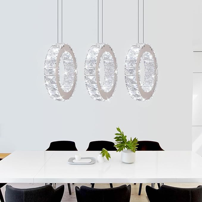 Buccleuch 3-Ring Crystal Chandelier, Dimmable LED Pendant Light Fixture Adjustable Stainless Steel Pendant Light, Silver Crystal Chandeliers for Dining Room, Bedroom, Living Room
