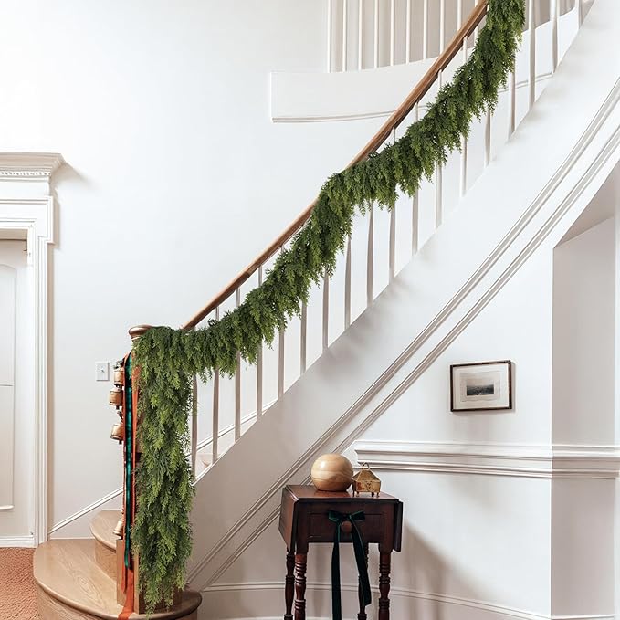 N&T NIETING 9ft Christmas Cedar Garland with Realistic Soft Thickness Pine, Artificial Green Faux Cedar Pine Garland for Fireplace Mantle Fireplace Indoor Outdoor Holiday Party Home Decoration
