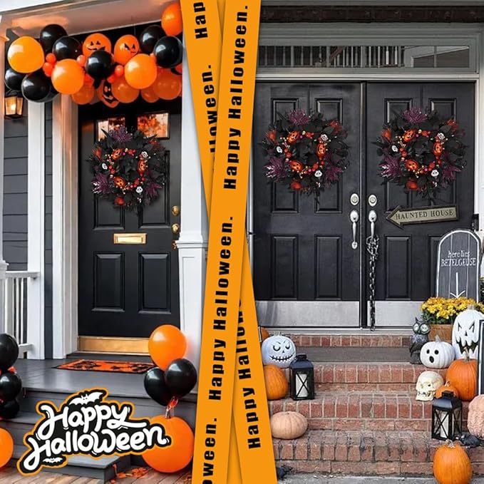 24" Glitter Halloween Wreath Outdoor - Sparkly Balls, Skulls, Bat, Skeleton, Pumpkin on Black Twig | Front Door Outside Goth Decor for Spooky Night