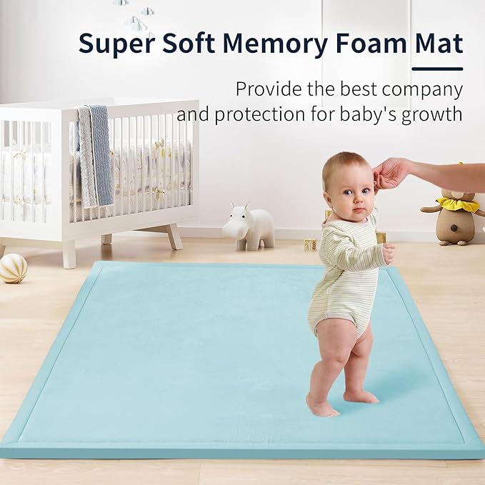 ACOMOPACK Baby Play Mat for Floor 1.3" Thick Memory Foam Play Mat 79"×157 Tummy Time Crawling with Non-Slip Bottom for Living Room,Nursery,Soft Velvet Playpen Mats for Kids,Infants(Light Blue)