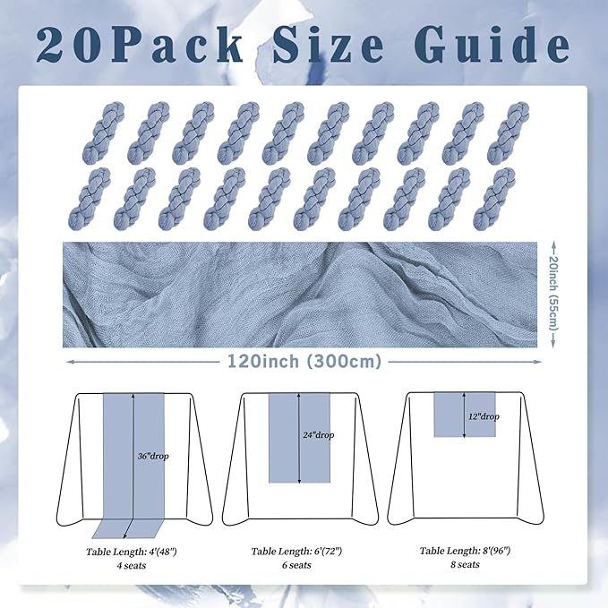 20 Pack Dusty Blue 10FT Cheesecloth Table Runner Rustic Gauze Fabric Cheese Cloth Table Runner for Wedding Bridal Baby Shower Table Decor 20 x 120 Inch Long Boho Sheer Birthday Party Table Decorations