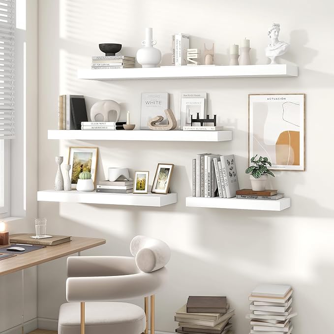 Heimlove 36 Inch White Floating Shelves for Wall,10 Inch Deep Wood Shelves with Invisible Brackets,Wall Mounted Storage & Display Shelves for Bedroom,Living Room,Kitchen,Office