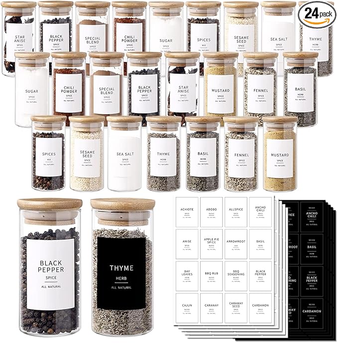24 Pcs Glass Jars With 296 Spice Labels Preprinted of White and Black Color- 4oz Thicken(2.4mm) Empty Small Herb Seasoning Containers With Bamboo Airtight Lids