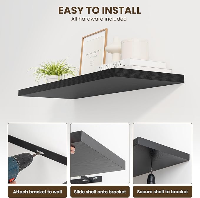24" Floating Shelves for Wall, 12" Deep Slim Black Floating Shelves, Wall-Mounted Shelves for Bedroom, Living Room, Kitchen, Bathroom - Set of 2