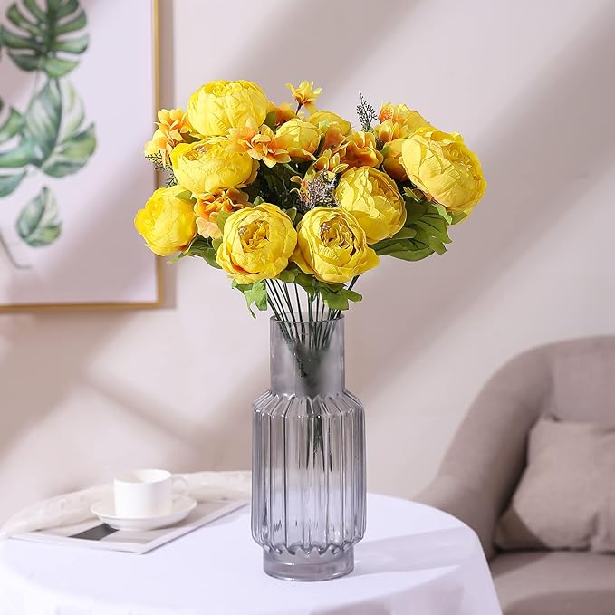 Duovlo Artificial Peony Silk Flowers Fake Flowers Vintage Wedding Home Decoration,Pack of 1 (Yellow)