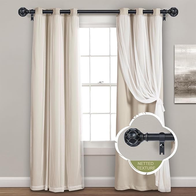 Black Adjustable Curtain Rods for Windows:66-120" Farmhouse Heavy Duty Curtain Rod for Bedroom Living Room,Boho Decorative Rustic Drapery Rods with Vintage Coastal Texture Finial,Matte Black