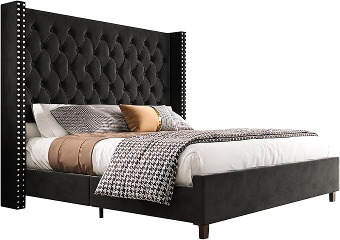 PaPaJet King Size Bed Frame with 61.4" Tall Headboard, Velvet Modern Upholstered Tufted Bed for Adults, Handmade Deep Button Tufting, Solid Wood Legs, No Box Spring Required, Black