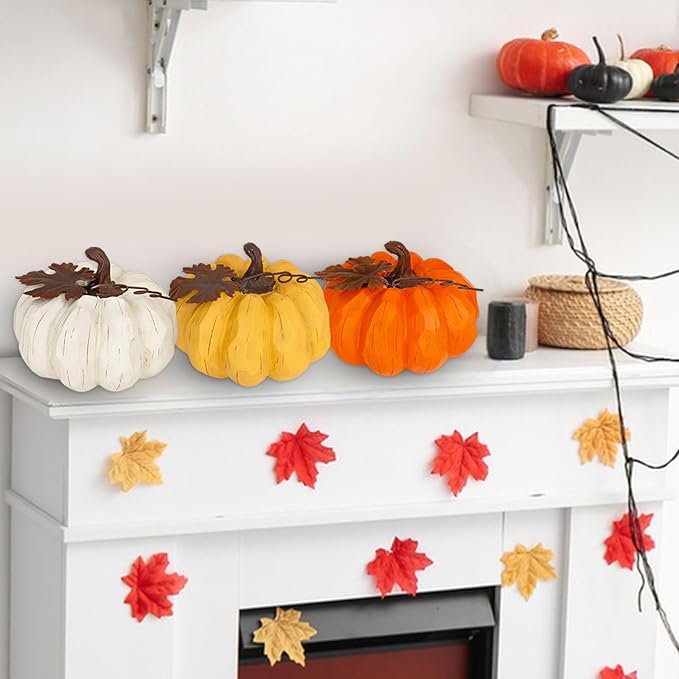 Large Pumpkin Decor Fall Decor, 3PCS Resin Pumpkins Thanksgiving Decorations with Metal Maple Leaf,5.9Inch Artificial Pumpkins for Home, Farmhouse, Mantel, Centerpiece Table Decorations