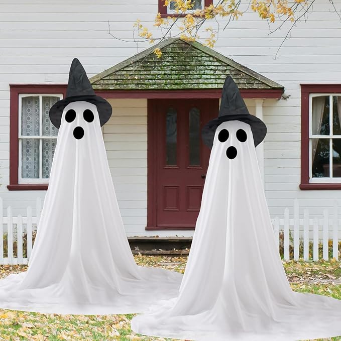 2 Packs Halloween Ghost Outdoor Decorations, 59β Light Up Ghost Decor with Remote Control, Adjustable Height Standing Halloween Lighted Ghost Kit with Witch Hat Ideal for Porch, Garden, Yard