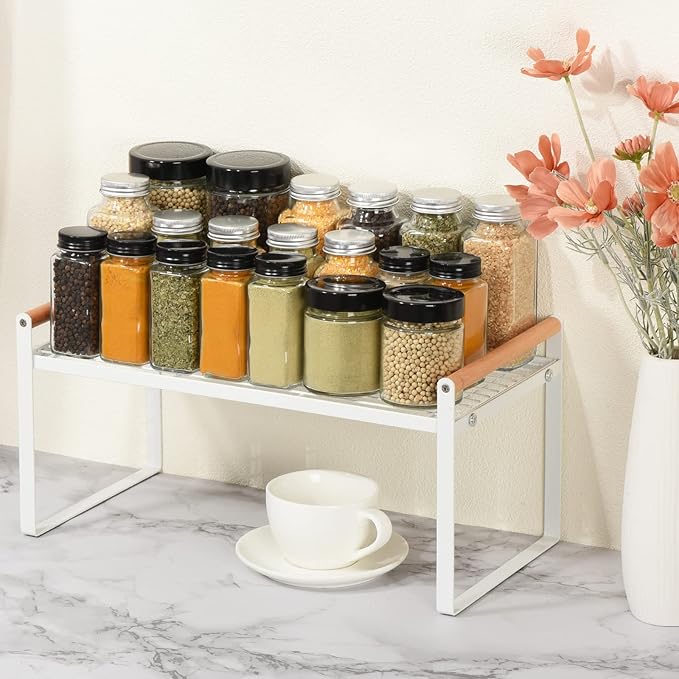 PATIKIL Kitchen Cabinet Shelf Organizer, Wood Counter Shelf Stackable Storage Shelf For Cupboard, Pantry, Corner, Under Sink - White