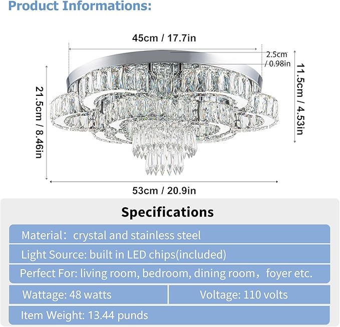 21 Inch Crystal Chandeliers with Remote Control LED Chandelier Modern Mount Flush Mount Chandelier Ceiling Light Fixtures for Bedroom Living Room Dining Room(Dimmable)