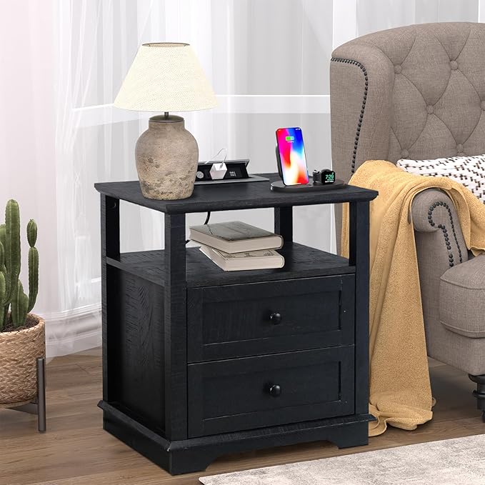 HIFYOBRO Large End Table Set of 2, 2 Drawers and Charging Station, Type-C & USB Port & Power outlets, Wooden End Table, Side Table with Storage for Living Room and Bedroom (Espresso)