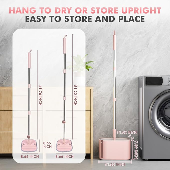 Upgraded Spin Mop and Bucket Self-Standing Mop Bucket Separate Dirty and Clean Water System Self Wringing 360° Rotating & 90° Foldabl Mops and Buckets for Floor Cleaning (Pink, 10Pads)